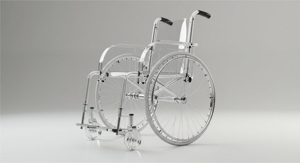 Silla de ruedas transparente de acrílico y metal sobre fondo gris claro
